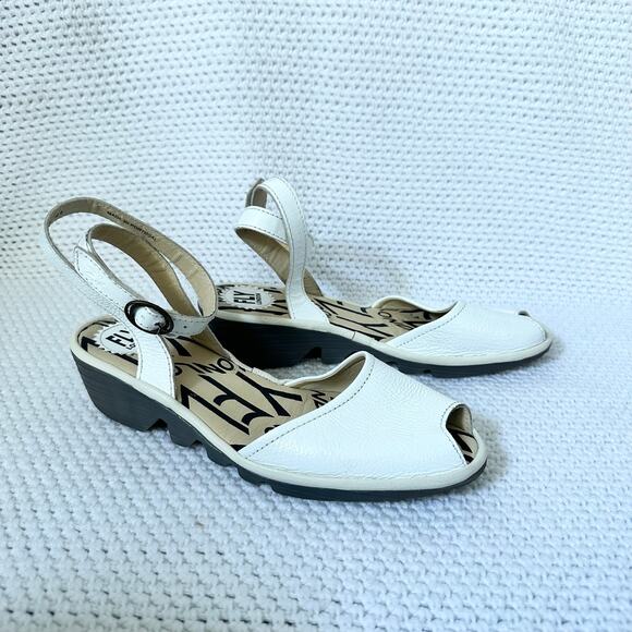 Fly London White Patent Upper Popa Wrap Ankle Peep Toe Low Wedge Sandals 41 - Picture 2 of 9